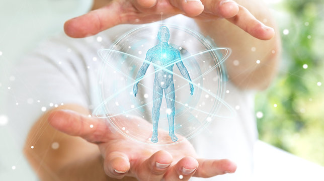 Businessman using digital x-ray human body scan interface 3D rendering