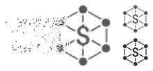 Dissolved Bank Network Dotted Icon With Disintegration Effect. Halftone Pixelated And Intact Entire Grey Versions. Dots Have Square Shape. Points Are Combined Into Dissolving Bank Network Shape.
