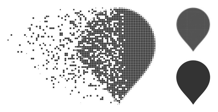 Dispersed map marker pixel icon with disintegration effect. Halftone pixelated and intact whole gray versions. Dots have square shape. Pieces are combined into dissipated map marker figure.