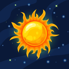 Wall Mural - vector yellow and orange sun in deep dark blue space with cartoon prominence and glow. flat modern s