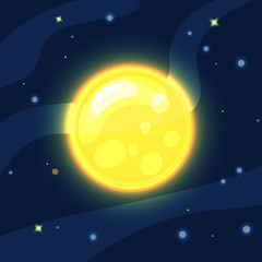 Wall Mural - vector yellow and orange sun in deep dark blue space with cartoon prominence and glow. flat modern s