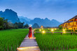 © tawatchai1990 - Young woman walking on wooden path with green rice field in Vang Vieng, Laos.
