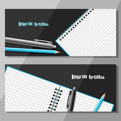 vector horizontal banners with writing accessories, 2 layouts with blank checkered note book, pen an