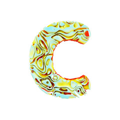 Fototapete - Alphabet letter C uppercase. Liquid dynamic font made of orange, blue and yellow ink in water. 3D render isolated on white background.