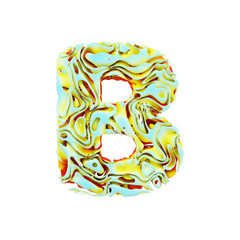 Fototapete - Alphabet letter B uppercase. Liquid dynamic font made of orange, blue and yellow ink in water. 3D render isolated on white background.