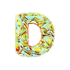 Fototapete - Alphabet letter D uppercase. Liquid dynamic font made of orange, blue and yellow ink in water. 3D render isolated on white background.