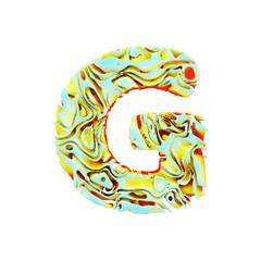 Fototapete - Alphabet letter G uppercase. Liquid dynamic font made of orange, blue and yellow ink in water. 3D render isolated on white background.