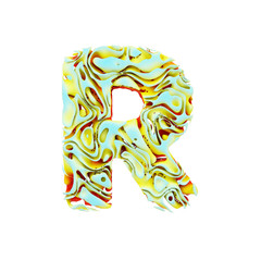 Fototapete - Alphabet letter R uppercase. Liquid dynamic font made of orange, blue and yellow ink in water. 3D render isolated on white background.