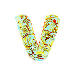 Fototapete - Alphabet letter V uppercase. Liquid dynamic font made of orange, blue and yellow ink in water. 3D render isolated on white background.