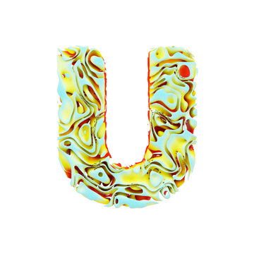 Alphabet letter U uppercase. Liquid dynamic font made of orange, blue and yellow ink in water. 3D render isolated on white background.
