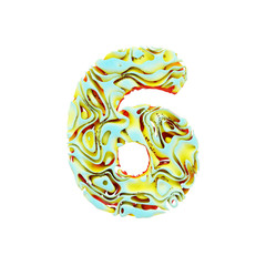 Fototapete - Alphabet number 6. Liquid dynamic font made of orange, blue and yellow ink in water. 3D render isolated on white background.