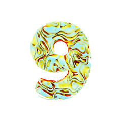 Alphabet number 9. Liquid dynamic font made of orange, blue and yellow ink in water. 3D render isolated on white background.