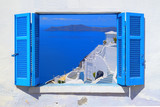 Fototapeta  - Sea view through traditional greek window in Santorini island