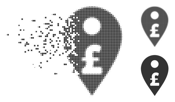 Dissolved pound map marker dotted icon with disintegration effect. Halftone pixelated and intact whole grey versions. Dots have square shape.