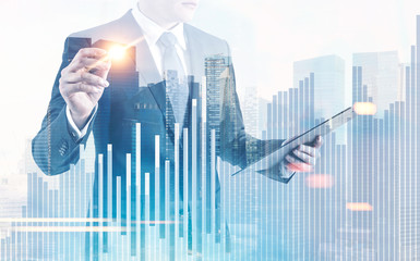 Poster - Businessman with a glowing pen, cityscape diagrams