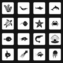 Wall Mural - Sea animals icons set in white squares on black background simple style vector illustration