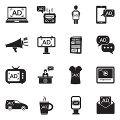 Advertising Icons. Black Flat Design. Vector Illustration.