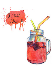 Illustration of berry drink in a glass jar with сocktail rolls and watercolor shape with a lettering