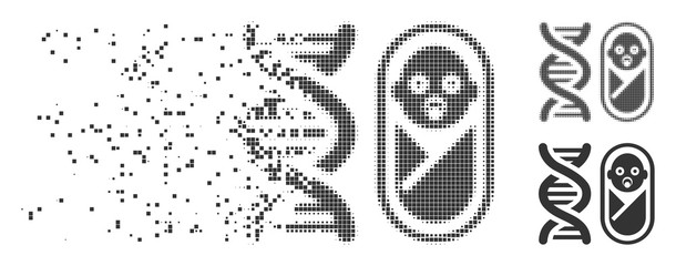 Fototapete - Dispersed baby genetics pixel icon with disintegration effect. Halftone dotted and intact solid gray versions. Dots have rectangle shape. Pieces are composed into dissolving baby genetics form.