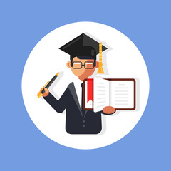 Wall Mural - Student professor man character holding open book and pencil. Graduation education school university collage concept. Vector flat cartoon graphic design isolated icon illustration
