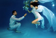 Groom kneeling offers the bride an engagement ring underwater in the pool. Underwater wedding