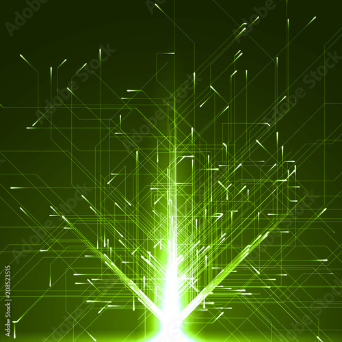 Fotografía technology abstract with mowing particules with energy trails.