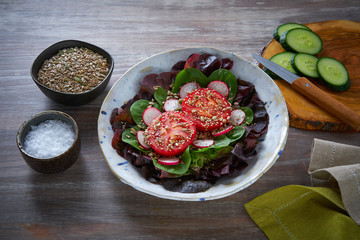 Wall Mural - Tomato salad with seeds radish spinach lettuce