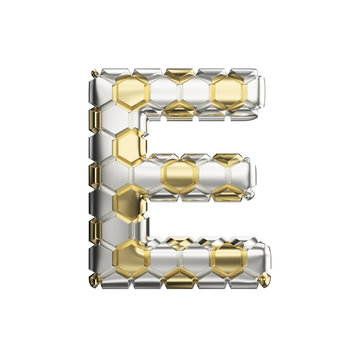 Alphabet letter E uppercase. Soccer font made of silver and gold football texture. 3D render isolated on white background.