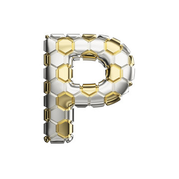 Alphabet letter P uppercase. Soccer font made of silver and gold football texture. 3D render isolated on white background.