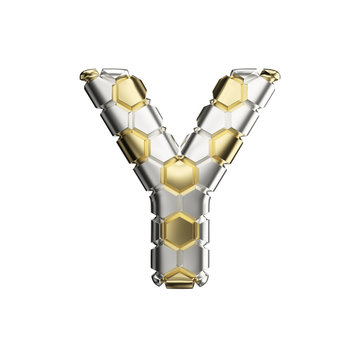 Alphabet letter Y uppercase. Soccer font made of silver and gold football texture. 3D render isolated on white background.