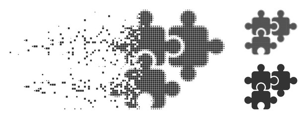 Fototapete - Gray vector puzzle elements icon in dissolved, dotted halftone and undamaged entire versions. Square dots are used for disintegration effect.