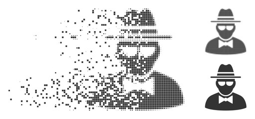 Wall Mural - Grey vector secret agent icon in dispersed, dotted halftone and undamaged whole versions. Rectangular dots are used for disappearing effect. Pixels are arranged into dispersed secret agent figure.