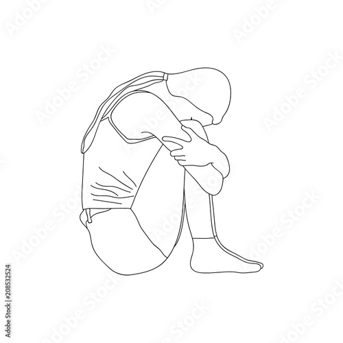 Sketch of a sad lonely young girl sitting on the floor and hugging her