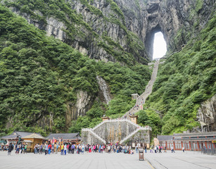 The Tianmen Mountain with a view of the cave Known as The Heaven's Gate and the steep 999 stairs at Zhangjiagie, Hunan Province, China, Asia