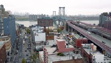 Aerial Drone Shot Of Williamsburg District, New York City. Streets And Crossroads. NYC, USA.
