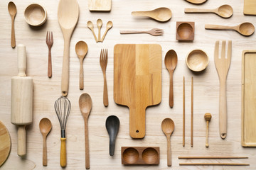 Wall Mural - kitchen utensils for cooking on the wooden table, food prepare concept