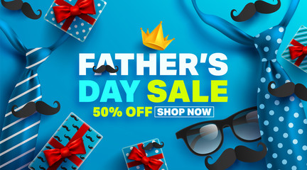 Father's Day Sale Promotion Poster or banner with open gift wrap paper concept.Promotion and shopping template for Father's Day.Vector illustration EPS10