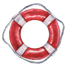 Watercolor Hand Drawn Nautical / Marine Illustration With Red Lifebuoy