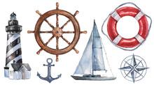 Watercolor Hand Drawn Nautical / Marine Illustration With Lighthouse, Lifebuoy, Anchor, Steering Wheel, Boat And Compass