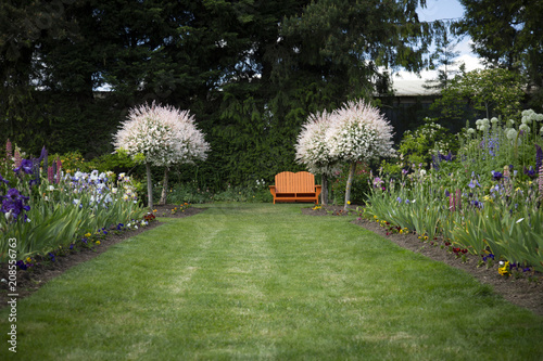 Fotografia, Obraz View of English Style Garden Path of Grass Lined, Mixed Flower Beds, Blooming Sa