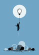 Innovator created a new working idea that is functioning. Flying up to the sky on a light bulb. Vector artwork depicts the concept of novelty, breakthrough, and inspiration. 