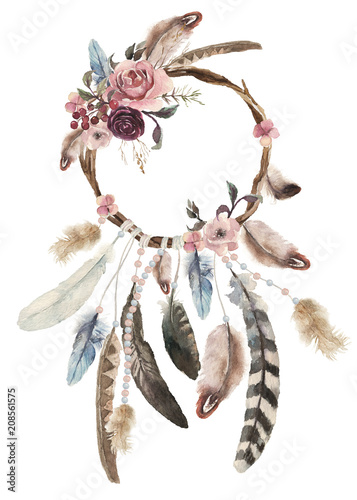 na-bialym-tle-akwarela-ozdoba-bohemian-dreamcatcher-boho-piora-ozdoba-native