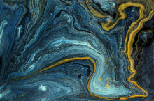 Marble Abstract Acrylic Background. Blue Marbling Artwork Texture. Agate Ripple Pattern. Gold Powder.