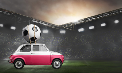 Poland flag on car delivering soccer or football ball at stadium