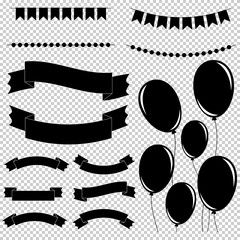 Wall Mural - Set of flat black isolated silhouettes of balloons on ropes and garlands of flags. A set of banner ribbons of different shapes