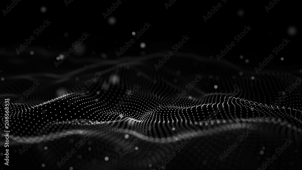 Data technology illustration. Abstract futuristic background. Wave with connecting dots and lines on dark background. Wave of particles. - obrazy, fototapety, plakaty 