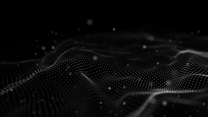 Data technology illustration. Abstract futuristic background. Wave with connecting dots and lines on dark background. Wave of particles.