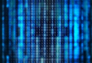 Poster - binary code data bit screen display on laptop computer screen. matrix of data flow. Rise of the big data AI age. artificial intelligence data transfer. Digital concept, high tech defocused blue light