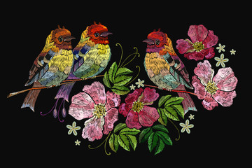 Embroidery birds and wild roses. Template for clothes, textiles, t-shirt design