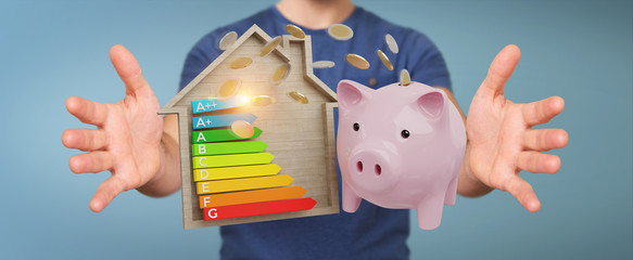 Wall Mural - businessman saving money with good energy chart rating 3d rendering